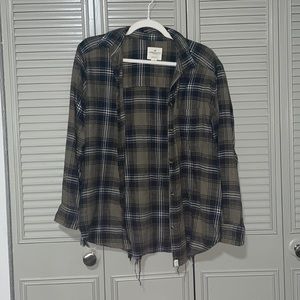 Green and blue distressed flannel shirt